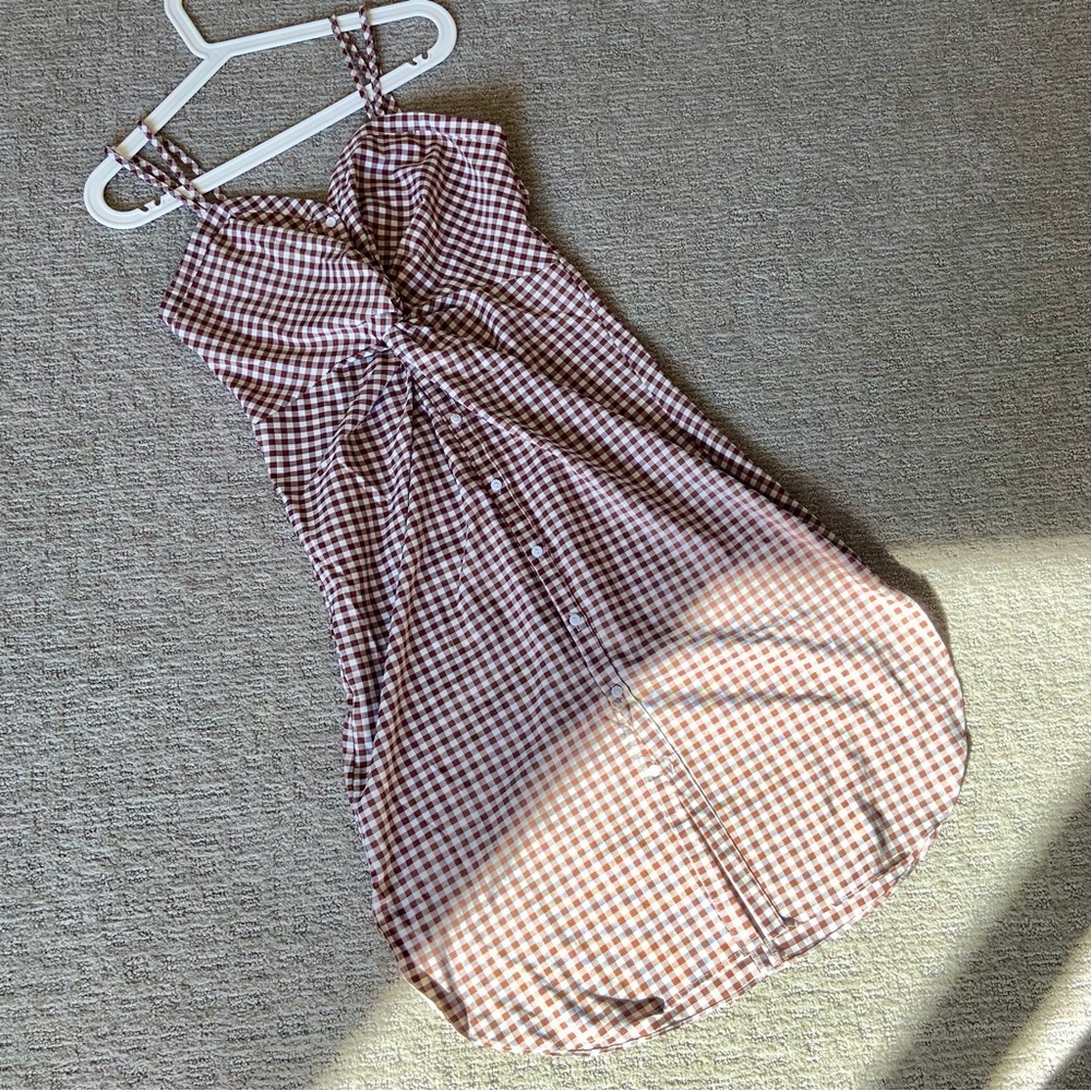 Stylish Brown Creamy Gingham Shirt Button Dress